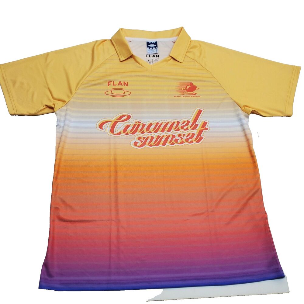 FLAN LABS Caramel Sunset Soccer Jersey Mens L Short Sleeve Graphic Print NWOT